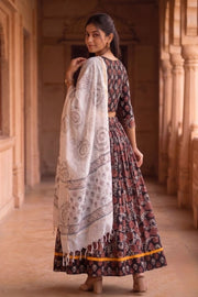Black & Red Hand Block Printed Cotton Chaniya Choli With Kota Doria Dupatta 10066318
