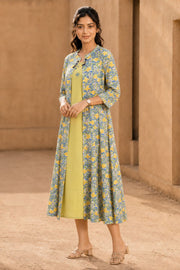 Pista Green Hand Block Printed Midi Coat Cotton Dress With Jacket 10077649