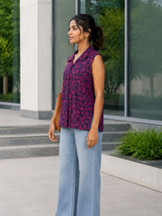 Purple Hand block Printed Women Sleevless Shirt 10077178