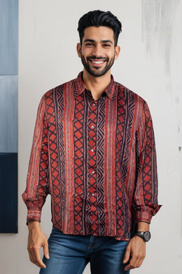 Brown Full Sleeve Jahota Print Modal Silk Mens Shirt 10074380