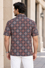 Black Half Sleeve Ajrakh Printed Cotton Mens Shirt 10071094