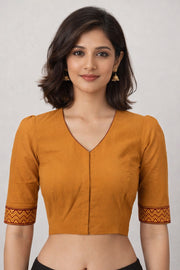 Yellow Kalamkari Applique Aari Embroidered Cotton Blouse 10066110