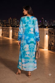Sky Blue Printed Vegan Charmeuse Silk Dress 10077273