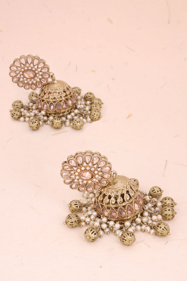 Handcrafted Peach Stones Cluster Beads Drop Jhumka Earrings 10069657 - Avishya