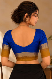 Prussian Blue Green Kanjivaram Soft Silk Blouse With Zari Border 10076618