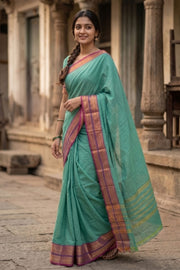 Teal Blue Handloom Chettinad Cotton Saree 10077350
