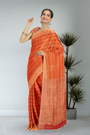 Red Hand Block Printed Chanderi Saree 10030037