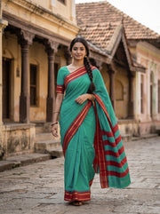Teal Green Kanjivaram Vegan Silk Saree with Temple Border 10077927