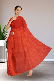 Orange Handloom Jamdani Style Cotton Saree with Blouse 10074372