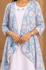 White Embroidered Midi Coat Cotton Dress With Printed Jacket 10077648
