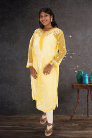 Yellow Chikankari Embroidery Organza Kurta 10074387
