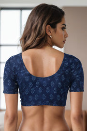 Blue Floral Motif Indigo Hand Block Print Cotton Blouse 10074610