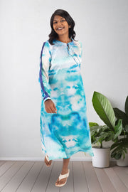 Blue Printed Vegan Charmeuse Silk Dress 10074048