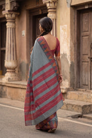 Grey Vegan Silk Kanjivaram Saree With Temple Border 10077948