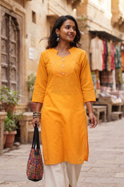 Mango Yellow Handcrafted Slub Cotton Kurta 10077429