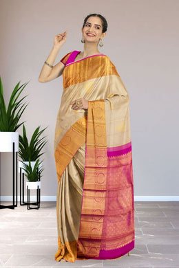 Cream Pure Zari Jacquard Kanjivaram Silk Saree 10063080