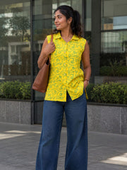 Yellow Hand block Printed Women Sleevless Shirt 10077179
