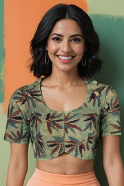 Green Hand Block Jahota Printed Cotton Blouse 10075001