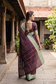 Maroon Vegan Silk Kanjivaram Saree With Checks Design 10077936