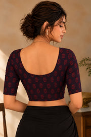 Maroon Floral Motif Indigo Hand Block Print Cotton Blouse 10078157