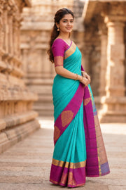 Blue Kanjivaram Silk Saree with Contrast Butta Border 10077903