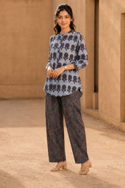 Denim Blue Hand Block Printed Cotton Kurti & Pant Set 10077652