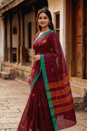 Maroon Handloom Chettinad Cotton Saree 10077332
