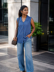 Blue Indigo Handblock Printed Women Sleeveless Shirt 10077191