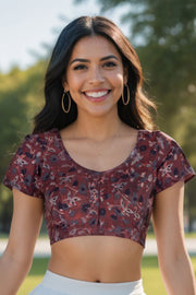 Brown Hand Block Jahota Printed Cotton Blouse 10074993