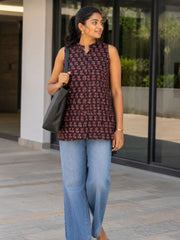 Black Jahota Hand block Printed Women Sleevless Shirt 10077194