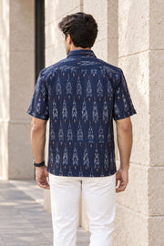 Dark Blue Half Sleeve Handloom Ikat Cotton Men's Shirt 10077859