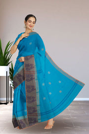 Blue Handloom Chettinad Cotton Saree Without Blouse 10075179
