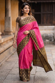 Hot Pink Pure Zari Korvai Kanjivaram Silk Saree 10058734