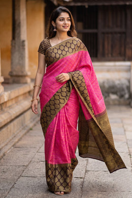 Hot Pink Pure Zari Korvai Kanjivaram Silk Saree 10058734