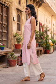 Pink Handcrafted Solid Style Sleeveless Cotton Kurta 10077457