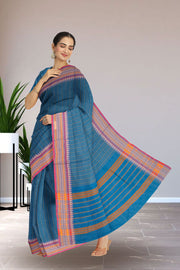 Blue Handloom Chettinad Cotton Saree Without Blouse 10075147