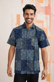Blue Half Sleeve Ajrakh Printed Cotton Mens Shirt 10072713