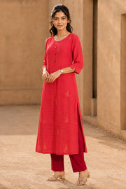 Reddish Orange Hand Embroidered Cotton Kurta 10077664