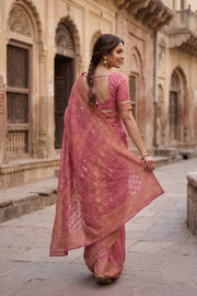 Dusky Rose Chikankari Embroided Organza Saree 10078123