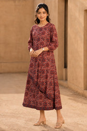 Rosewood Pink Hand Block Printed Cotton Dress 10077647