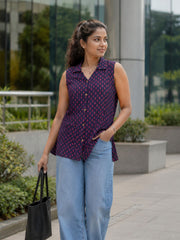 Purple Hand block Printed Women Sleevless Shirt 10077180