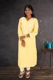 Yellow Chikankari Embroidery Cotton Kurta 10074386