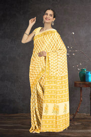 Yellow Sanganeri Printed Silk Cotton Saree 10075712
