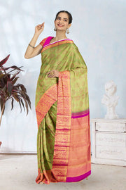Light Olive Green Pure Zari Jacquard Kanjivaram Silk Saree 10063088