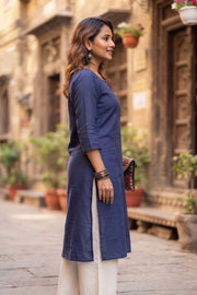 Blue Handcrafted Slub Cotton Kurta 10077424