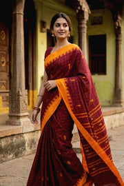 Dark Brown Handloom Chettinad Cotton Saree 10077330