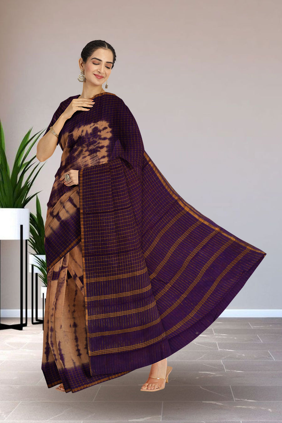 Violet Madurai Sungudi Cotton Saree with Zari Work and Brown Contrasting Borders main image 0