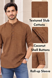 Brown Full Sleeve Slub Cotton Shirt Length Men's Kurta 10077840