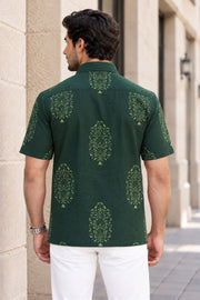 Green Indigo Handblock Print Cotton Mens Half Sleeve Shirt 10076846