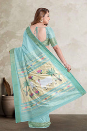 Blue Handloom Paithani Cotton Saree with Silk Pallu 10068428